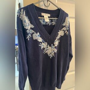 Vintage 100% COTTON sweater size L
NAVY BLUE with white / blue flowers 
V neck